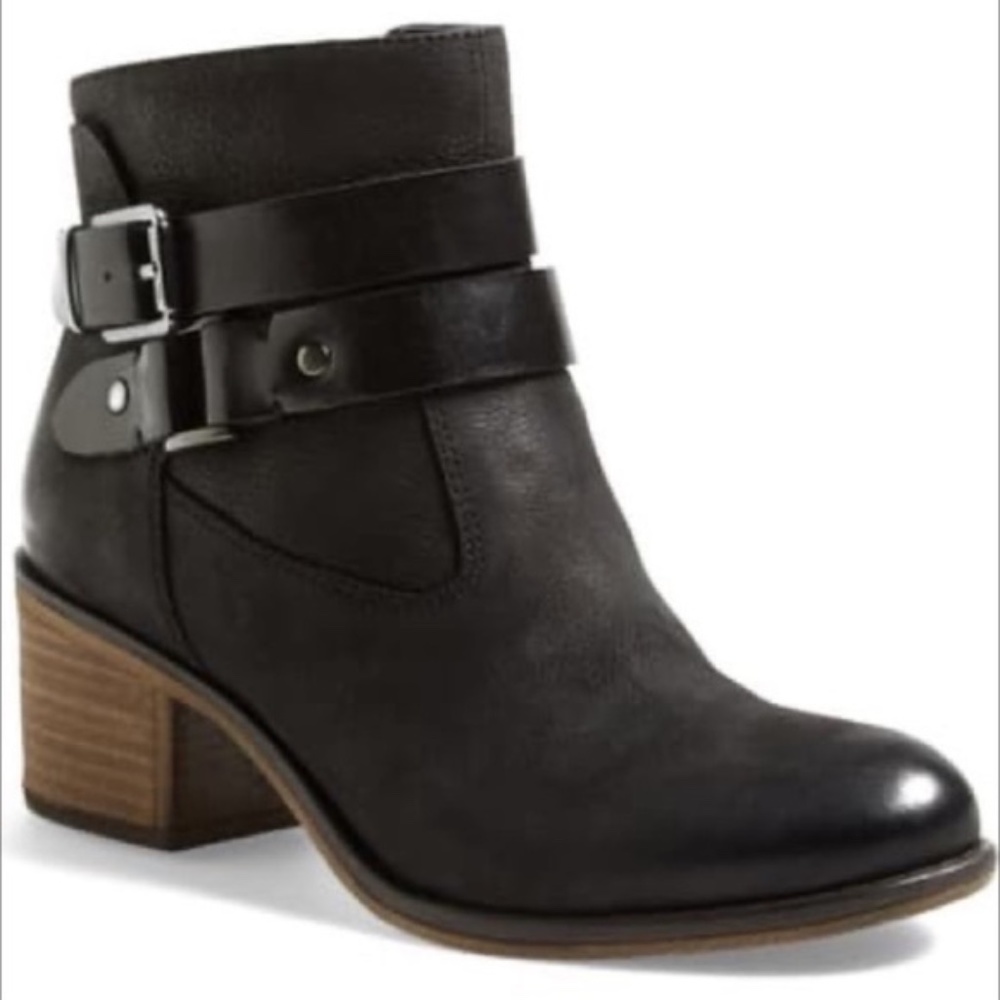 Franco Sarto Linden 2 Black Pebbled Leather Ankle Buckle Bootie 6.5